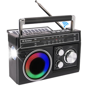 M-Amazup portable radio with extended antenna for clear outdoor reception.