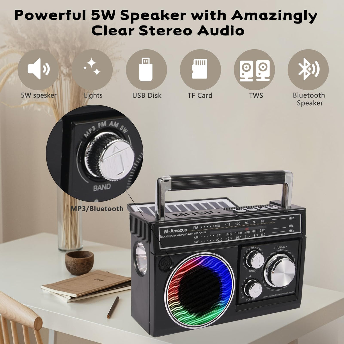 M-Amazup radio powered by solar, battery, or AC for flexible use.
