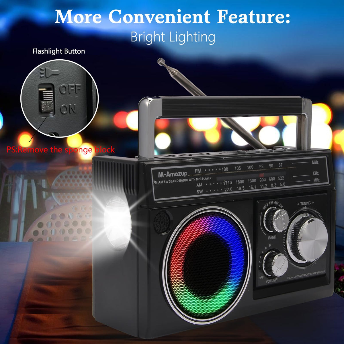 M-Amazup radio ready for USB TF MP3 playback on the go.