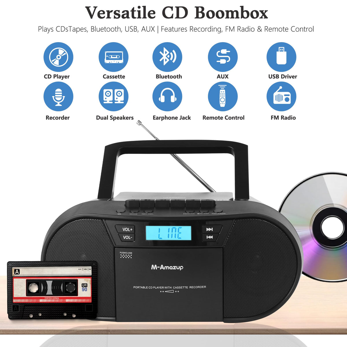 M-Amazup top-loading CD tray close-up displaying MP3 compatibility and easy access