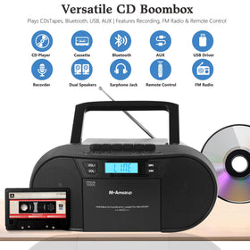 M-Amazup top-loading CD tray close-up displaying MP3 compatibility and easy access