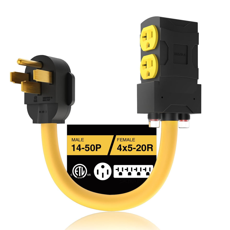 M1A2 50A to 20A adapter showing four 5-20R outlets for safe distribution.