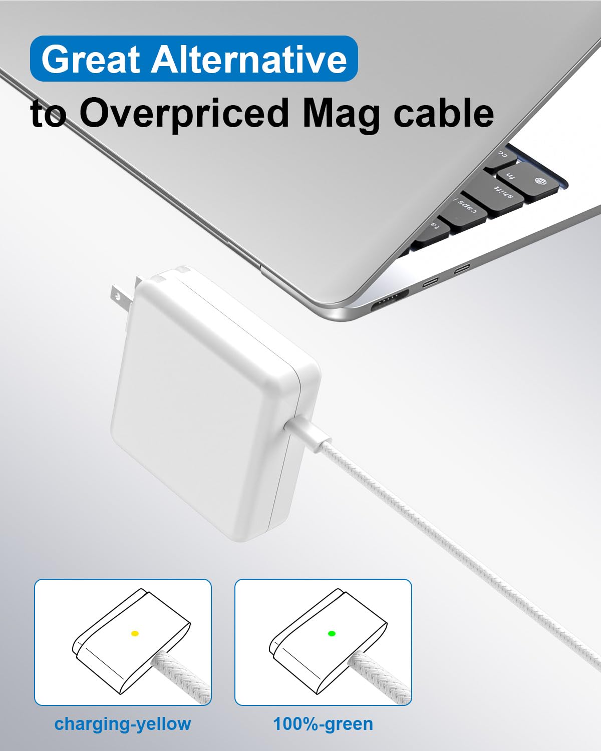 Mac Book Pro Charger length scale shot with 6.6ft cable, flexible reach benefit