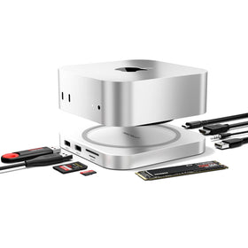 Macally Mac mini M4 Dock closeup with built-in M.2 enclosure for storage