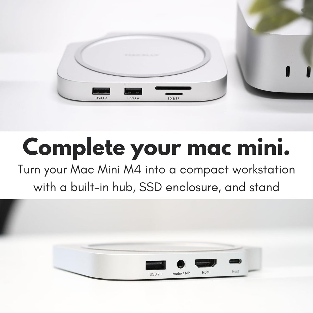 Macally Mac mini M4 Dock on desk showing clean single-cable setup