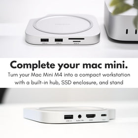 Macally Mac mini M4 Dock on desk showing clean single-cable setup