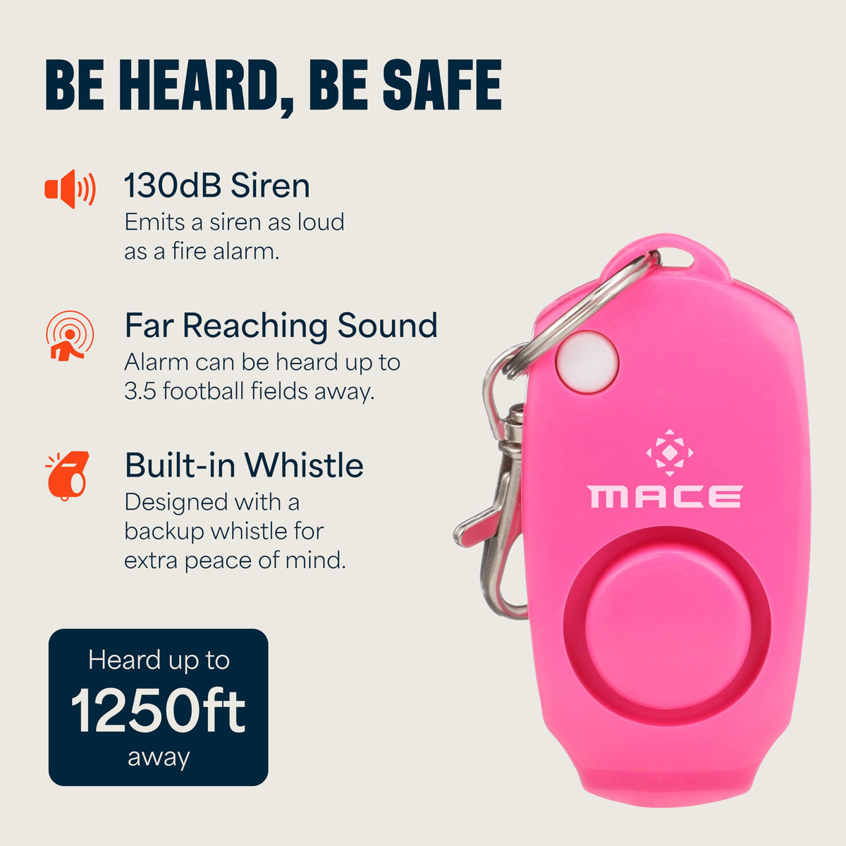 Mace keychain clasp keeps protection within reach.