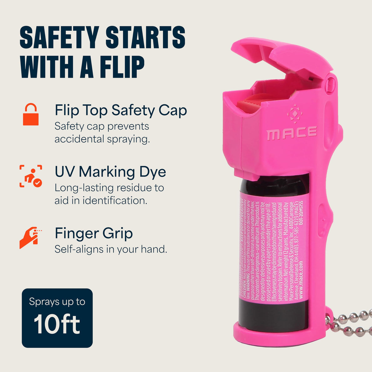 Mace pocket pepper spray 10% OC with 10-foot range.