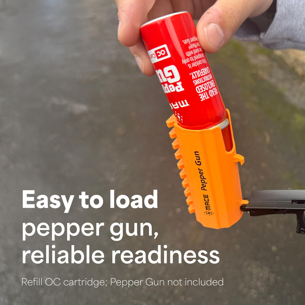Mace hand holding cartridge to show scale and easy replacement benefit