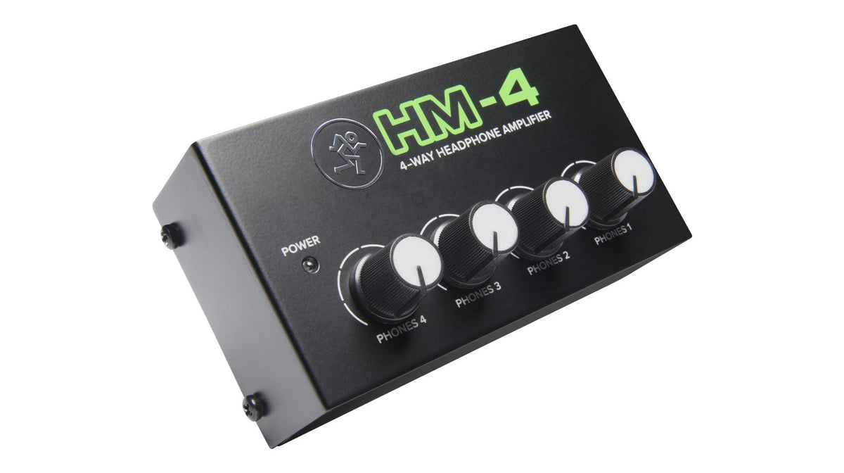 Mackie HM-4 front panel showing four headphone outputs and main input for easy shared listening