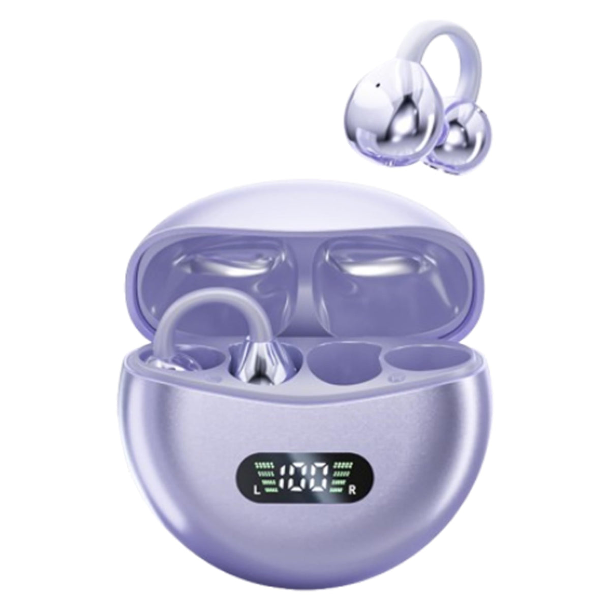 MAcnas open-ear headphones with purple case, comfortable for all-day wear.