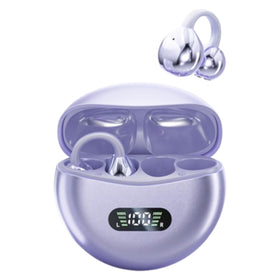 MAcnas open-ear headphones with purple case, comfortable for all-day wear.