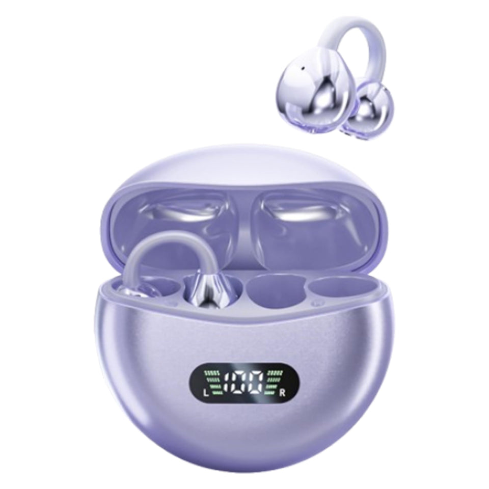MAcnas open-ear headphones with purple case, comfortable for all-day wear.