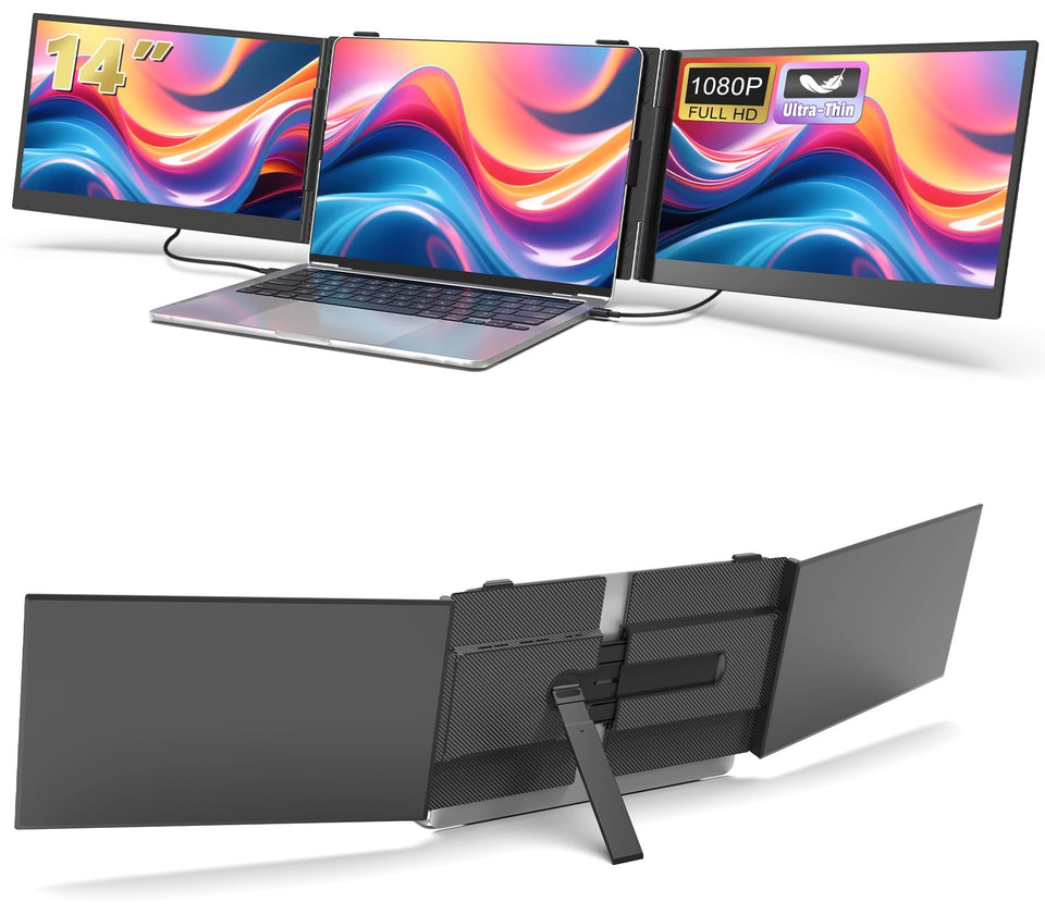Macsecor triple-screen extender attached to a laptop enabling multitasking on the go.