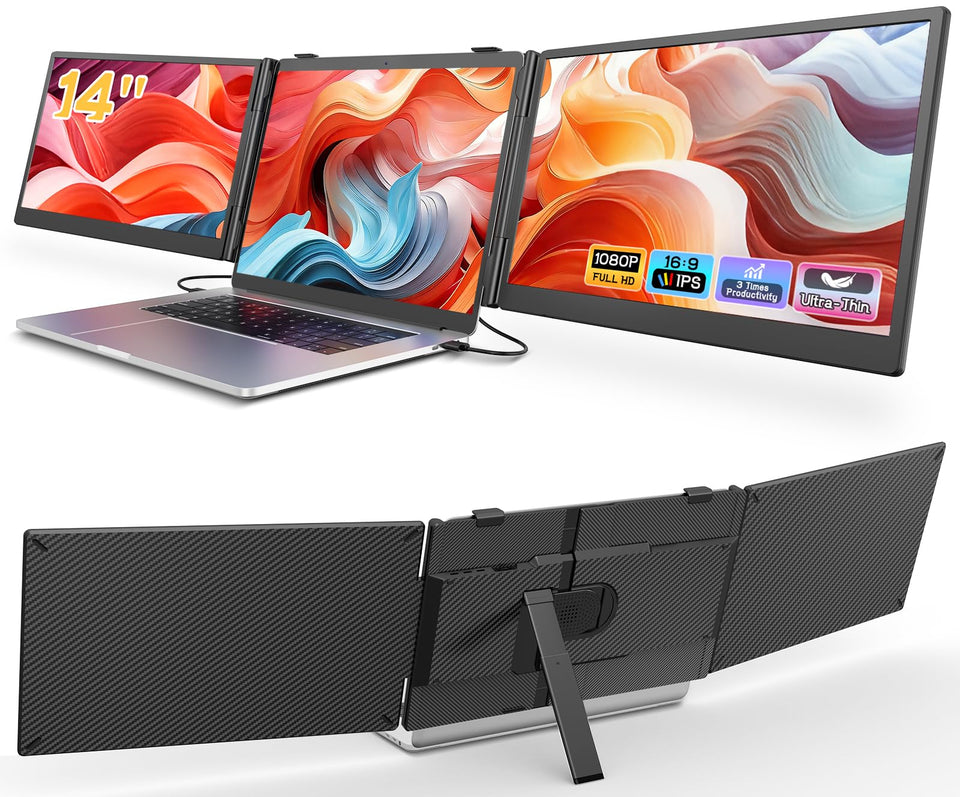 Macsecor triple monitor extender on a compact desk setup