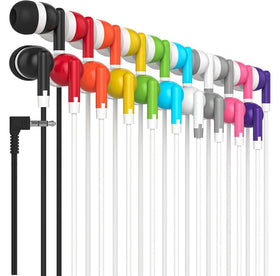 Maeline bulk earbuds in multicolor, individually packaged, ideal for classrooms.