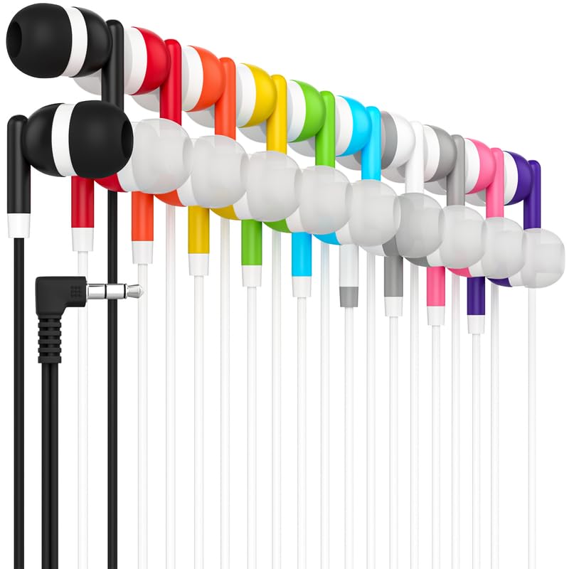 Maeline bulk-earbuds-50-pack with multicolor design for classrooms and travel.