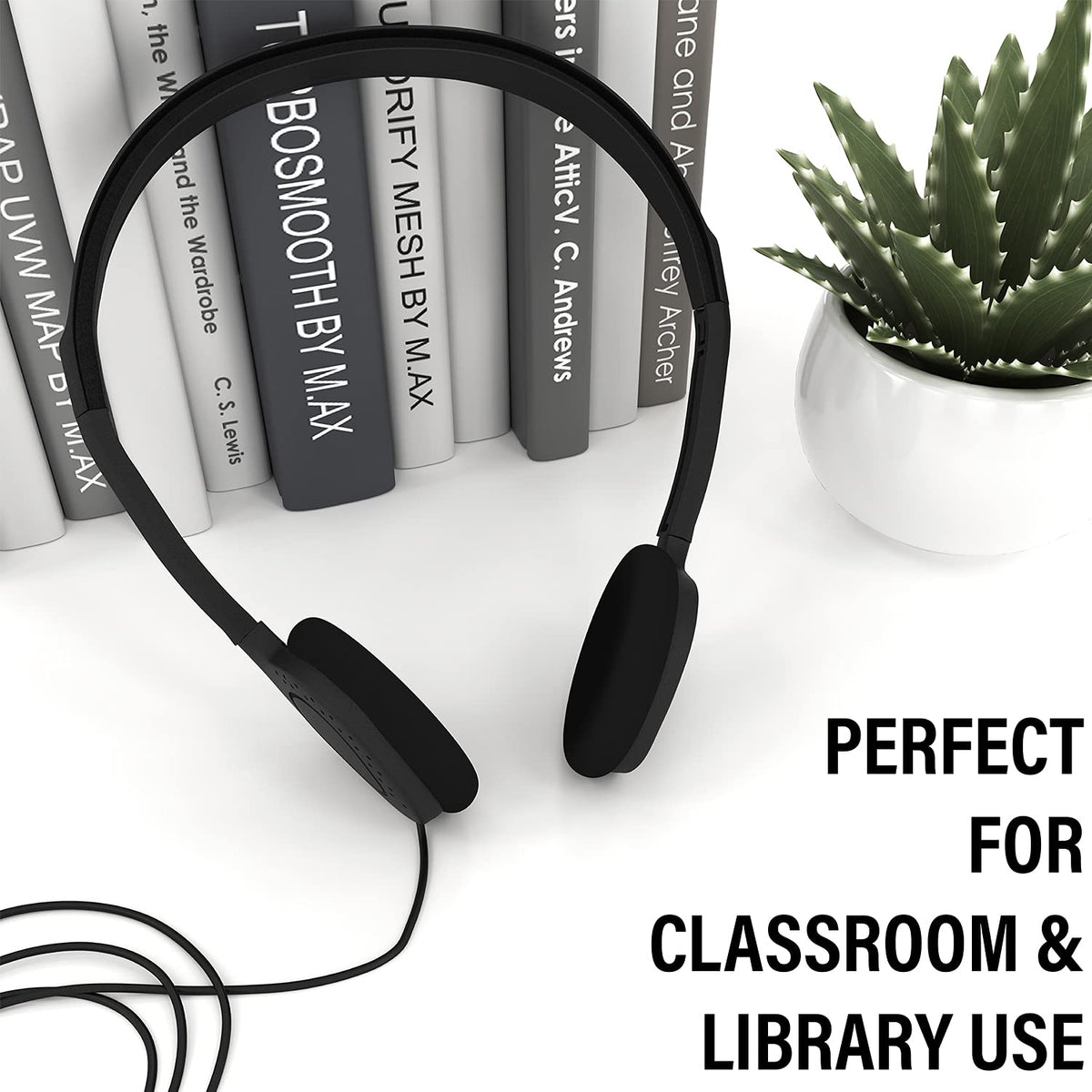 Maeline bulk headphones with 90-degree swivel cups for easy storage.