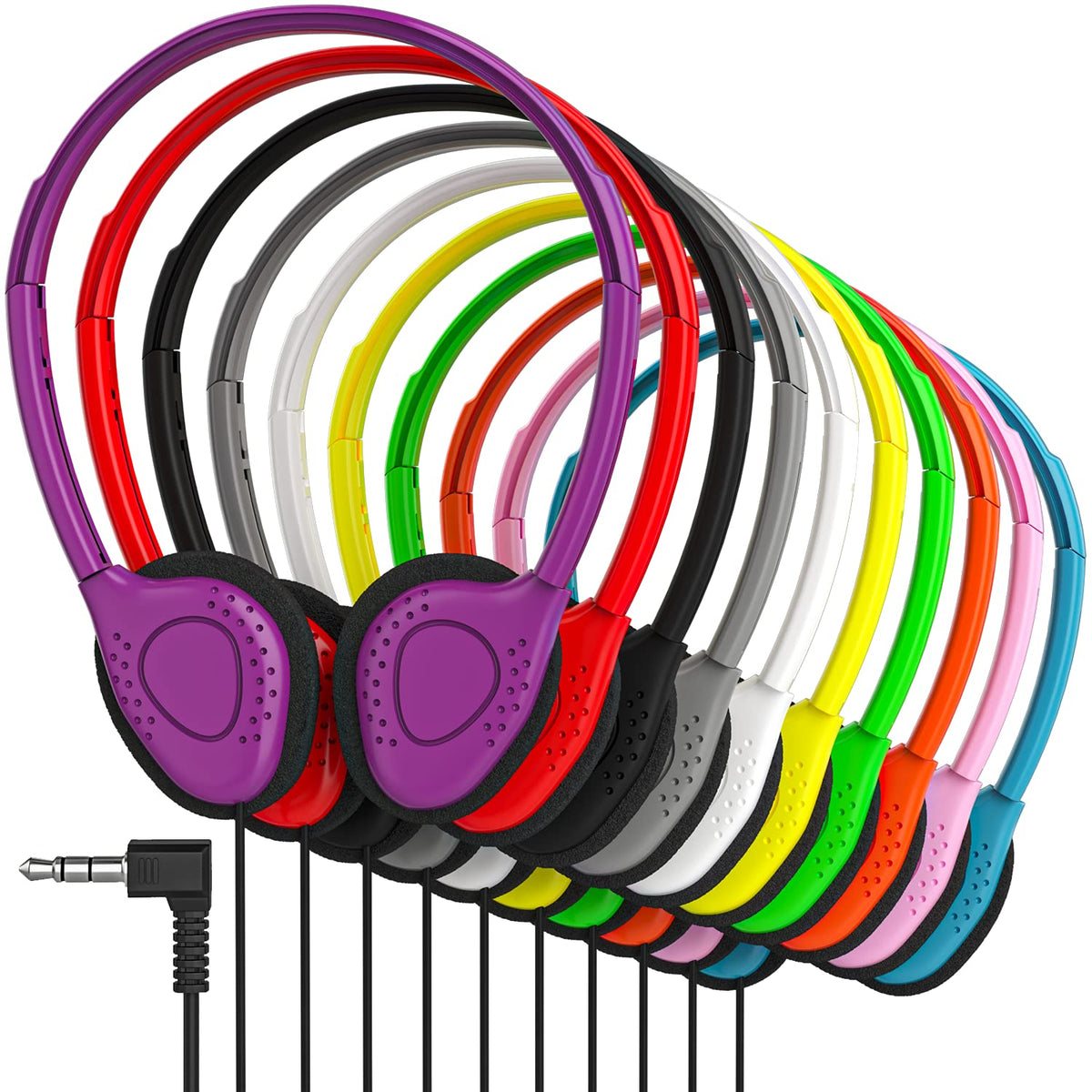 Maeline bulk headphones travel-ready for on-the-go listening.