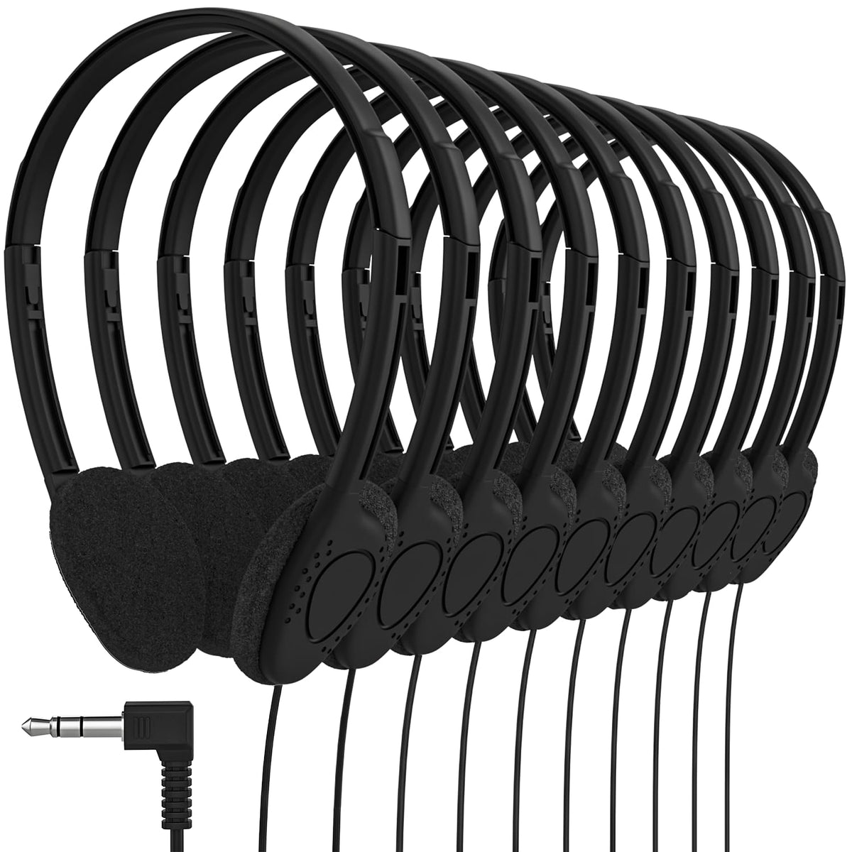 Maeline bulk classroom headphones 30-pack for classrooms and travel use.