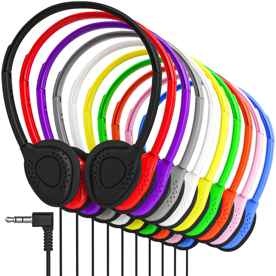 Maeline bulk on-ear headphones in multicolor pack for classrooms and shared use.