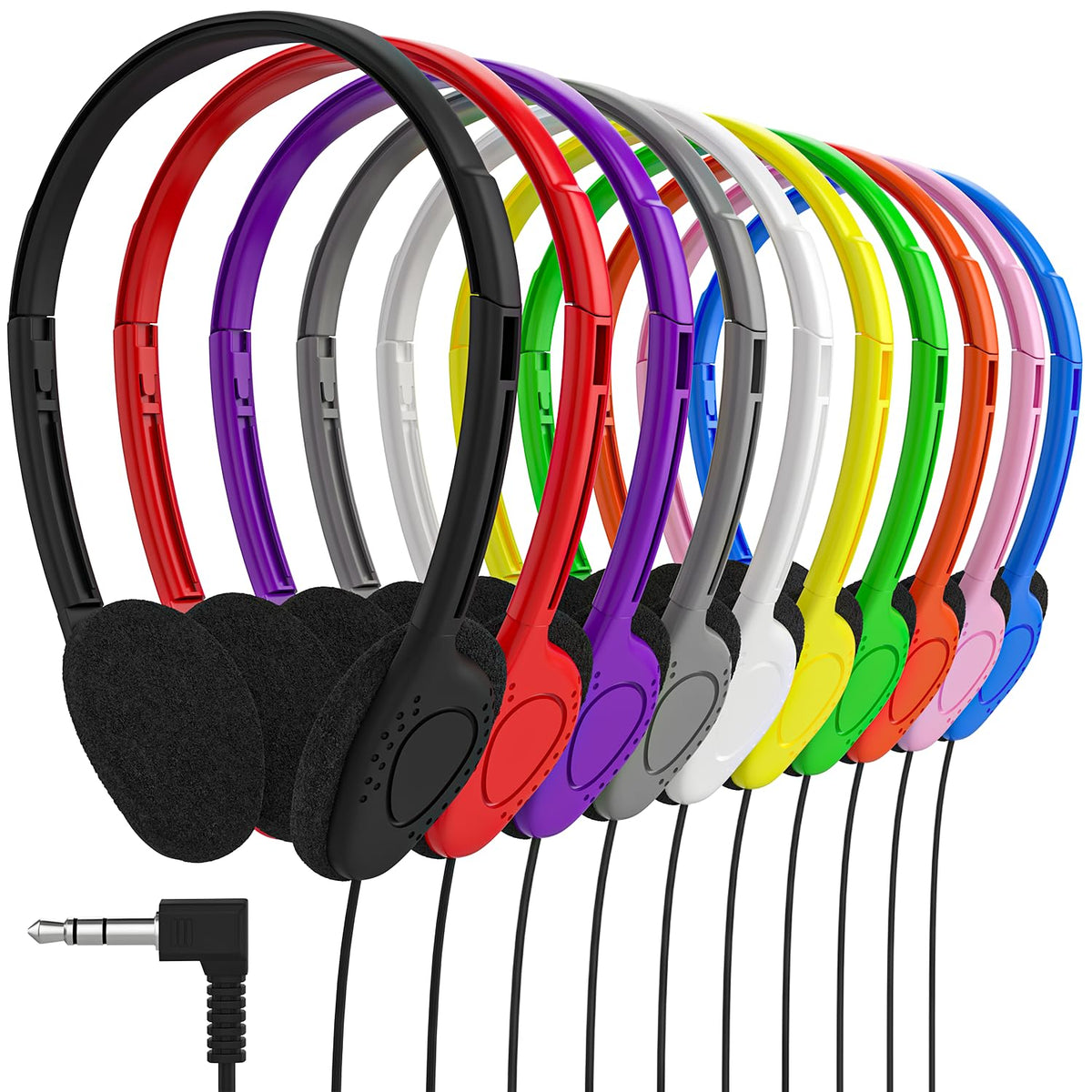Maeline front packaging showing 20 colorful student headphones and easy distribution