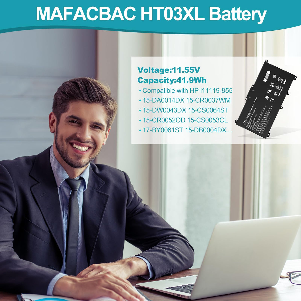 HT03XL battery compatible with HP 240 G7 and 255 G7 for extended sessions.