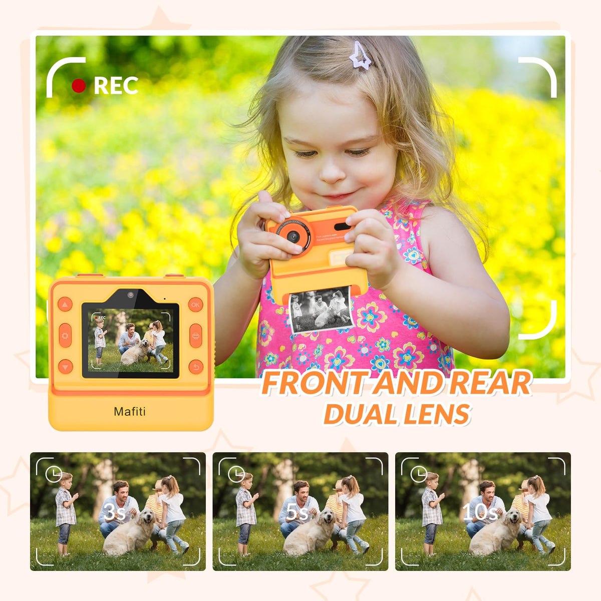 Mafiti Kids Camera captures 48MP photos and 1080p videos for vivid memories.