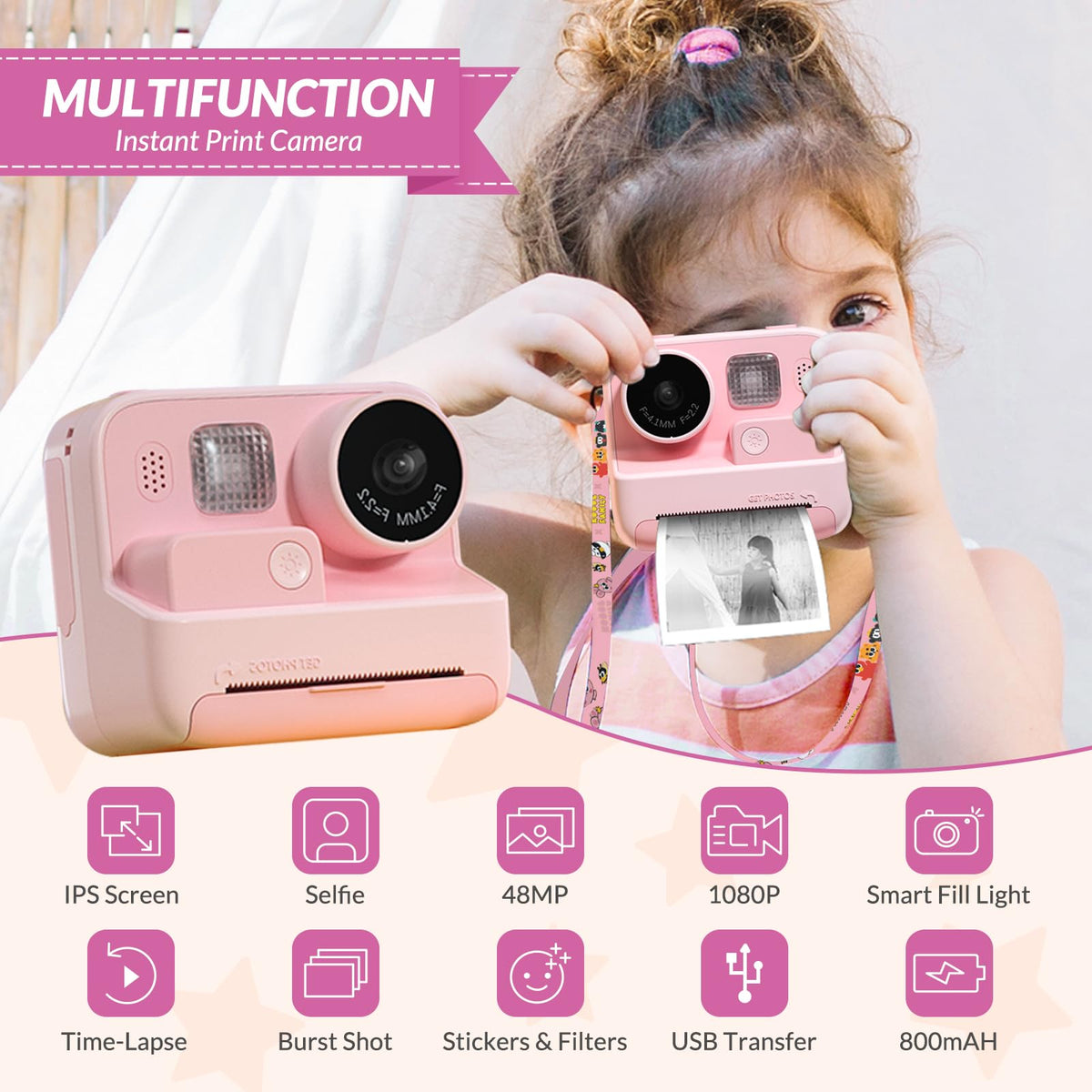 Mafiti Kids Camera pink back view emphasizes compact, kid-friendly design