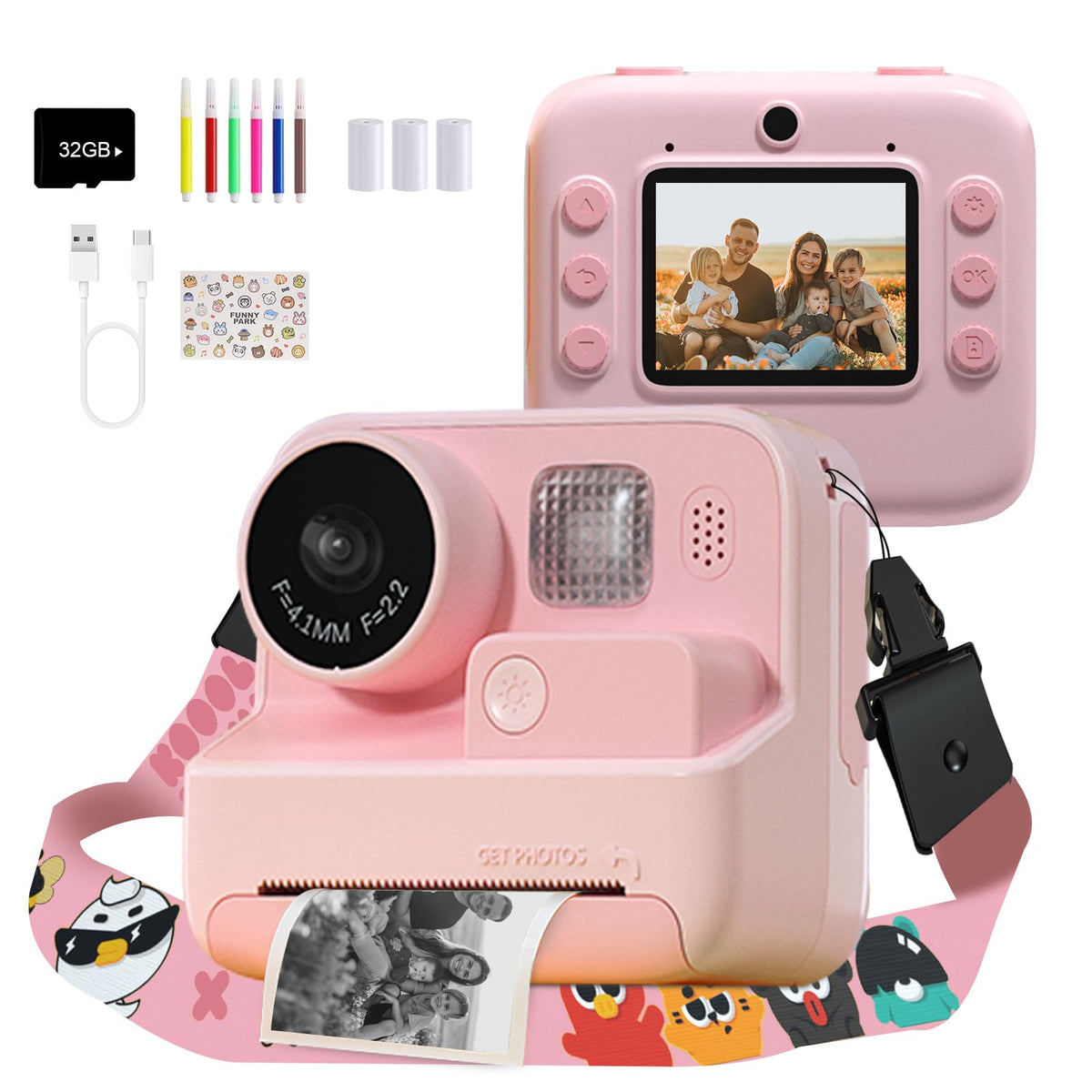 Mafiti Kids Camera pink front view shows instant print for on-the-go memories