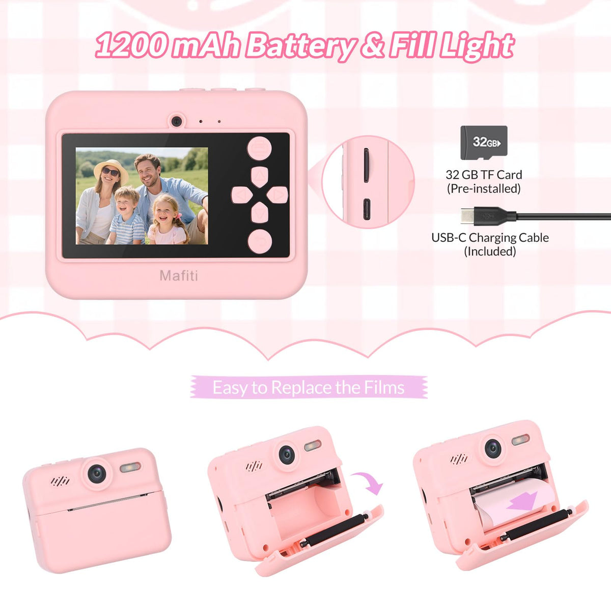 Mafiti Kids Camera with lanyard highlights kid-friendly portability.