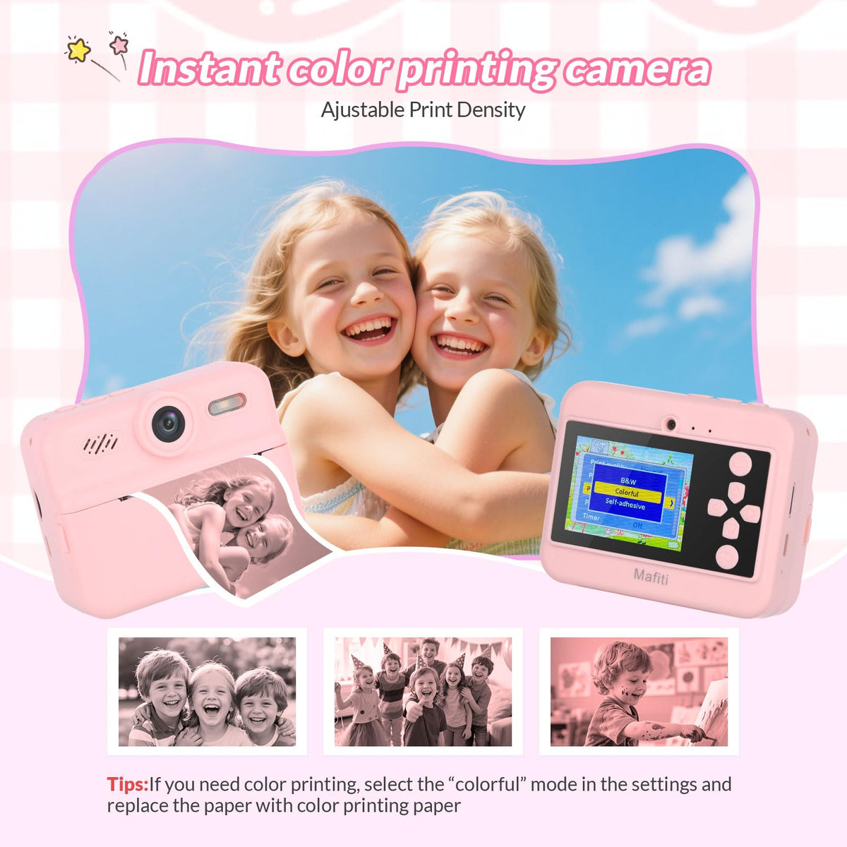 Mafiti Kids Camera rear view highlights the 2-inch IPS screen for easy viewing.