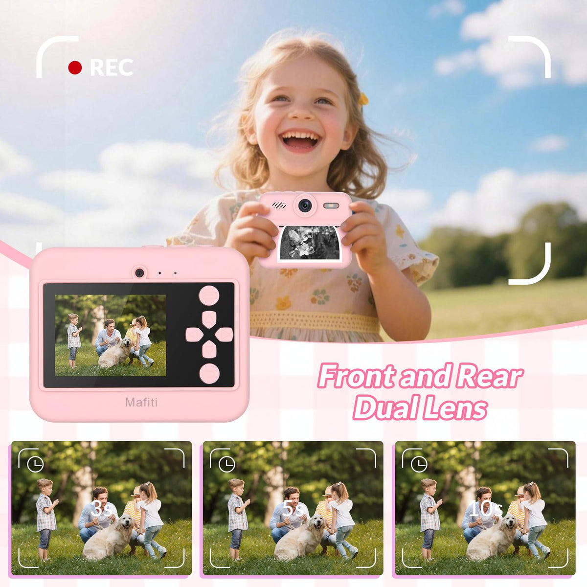 Mafiti Kids Camera selfie shot demonstrates the front lens for quick selfies.