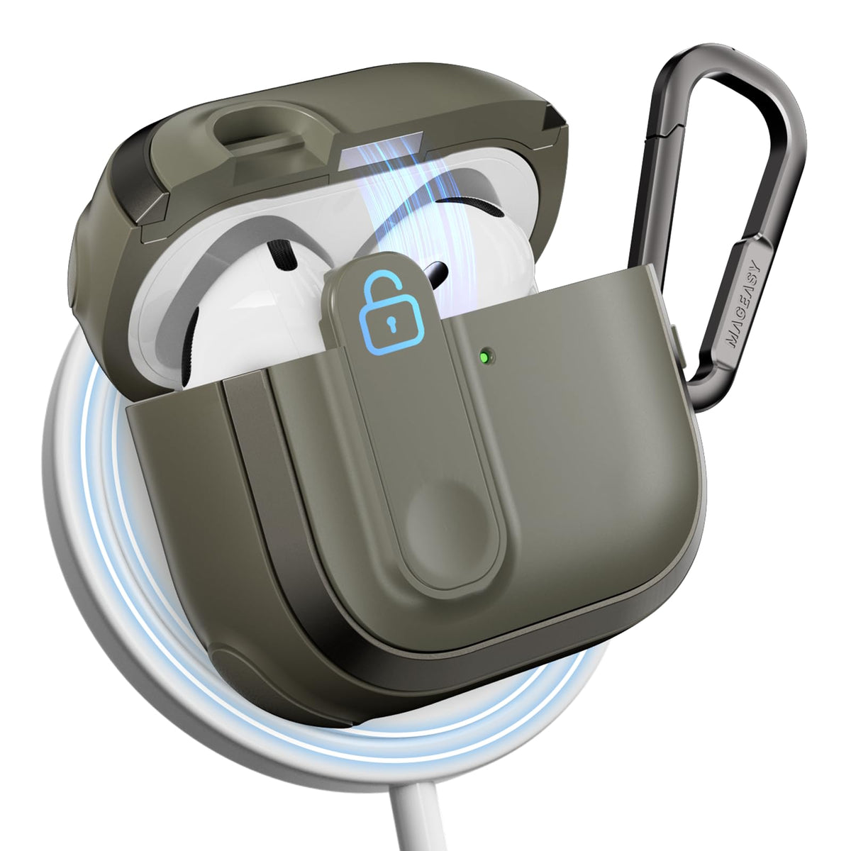 MAGEASY Odyssey AirPods 4 Case with lock provides secure lid closure on the go.