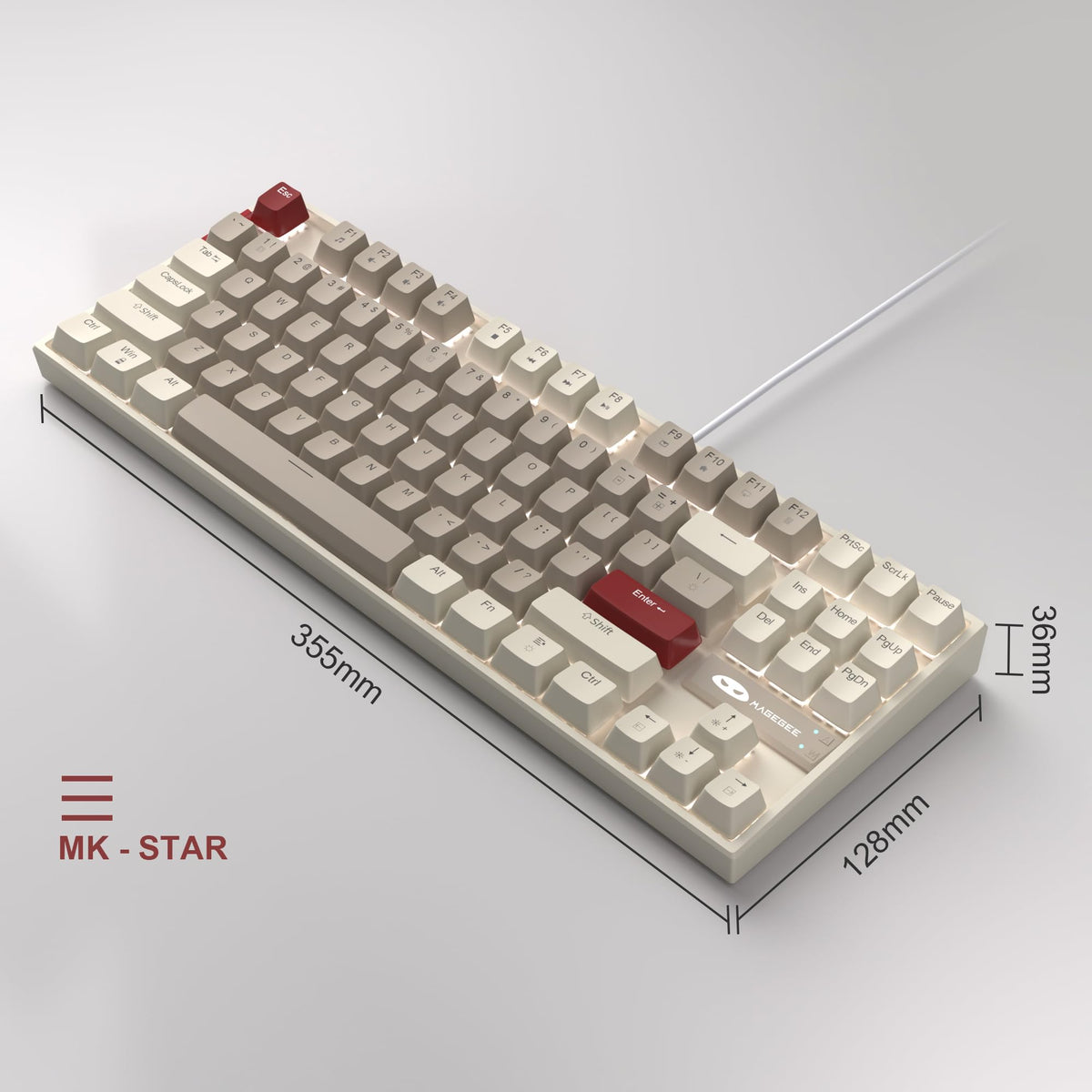 MageGee next to laptop illustrating compact 75% TKL size and desk space savings