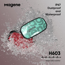 Magene H603 paired with smartphone app screen showing live heart-rate data and benefits