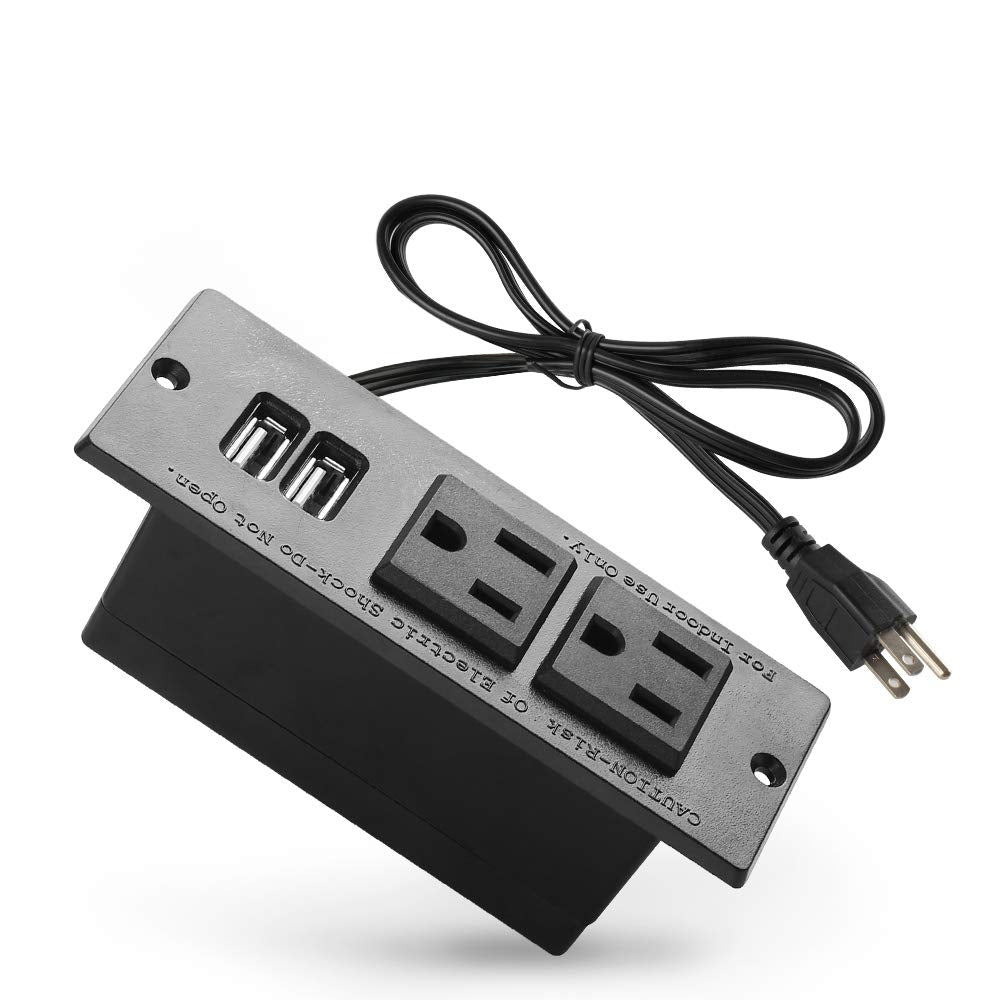 Maggie conference recessed power strip front view with two outlets and USB ports for clutter-free desks.