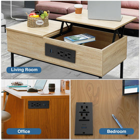 Maggie office setup with recessed power strip keeping surfaces clear