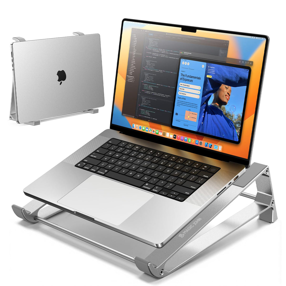 Magic John laptop stand with aluminum structure provides stable support and cooling at the desk.