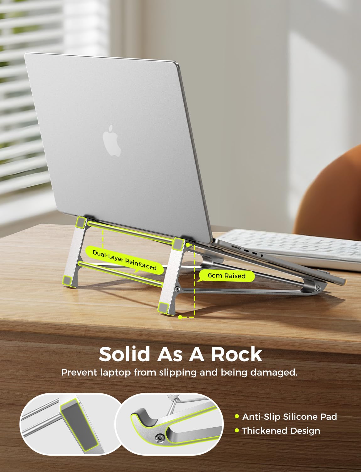 Magic John laptop stand ergonomic height adjusts screen and neck comfort during work.