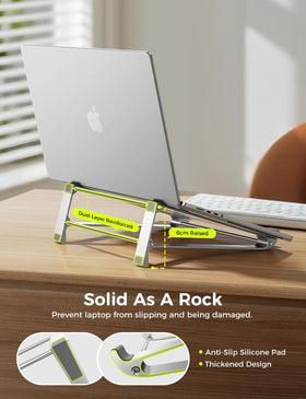 Magic John laptop stand ergonomic height adjusts screen and neck comfort during work.