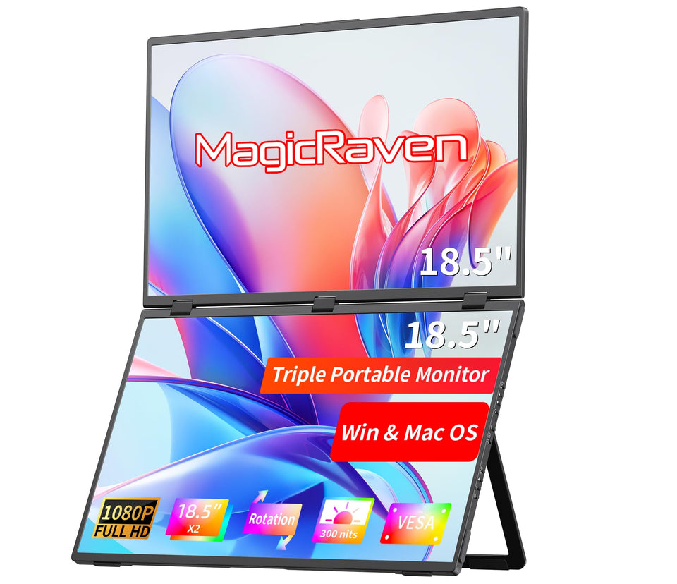 MAGICRAVEN 18.5-inch triple-monitor front view for portable productivity on the go.
