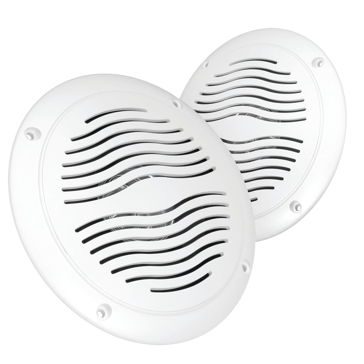 Magnadyne front-facing white speaker showing grille and clean installation, durable outdoors