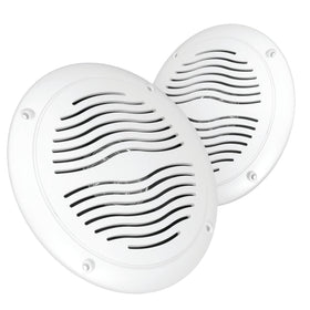 Magnadyne front-facing white speaker showing grille and clean installation, durable outdoors