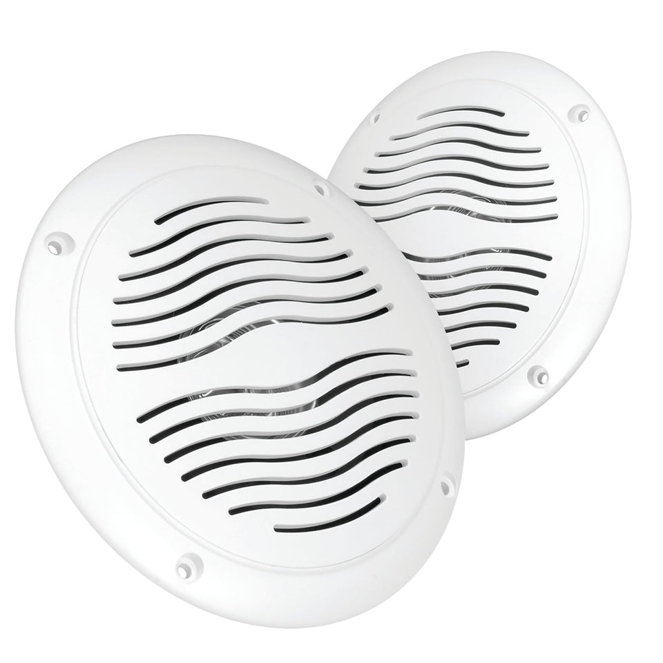 Magnadyne front-facing white speaker showing grille and clean installation, durable outdoors