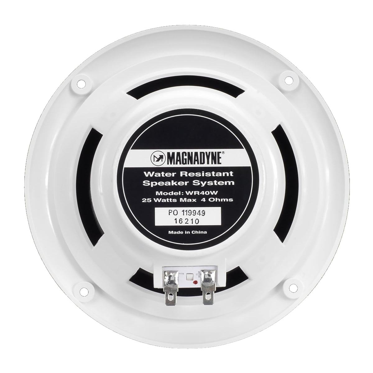 Magnadyne grille and label detail showing UV-protected finish and weather resistance