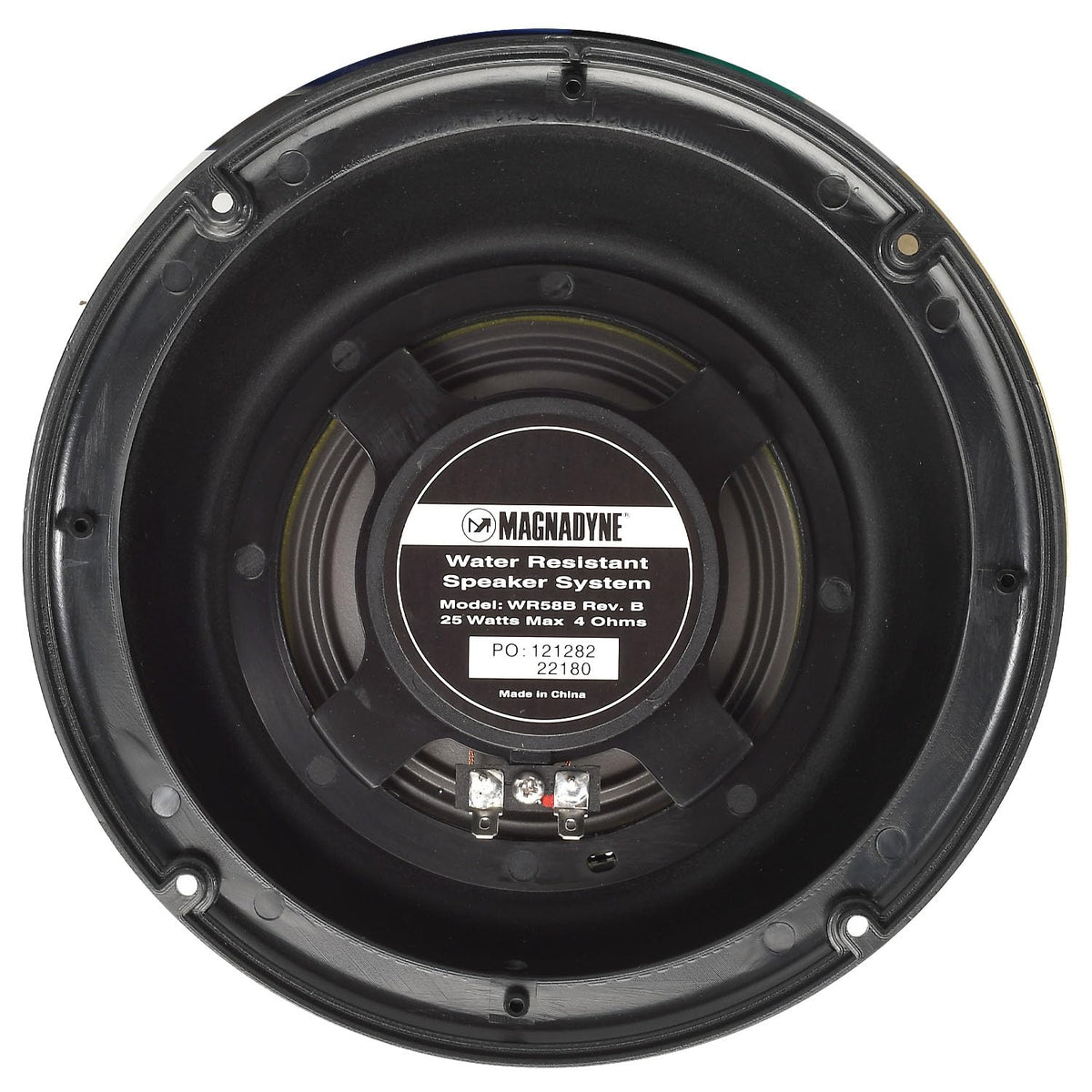 Magnadyne pair outdoor wedge speakers arranged on a patio for ambient sound