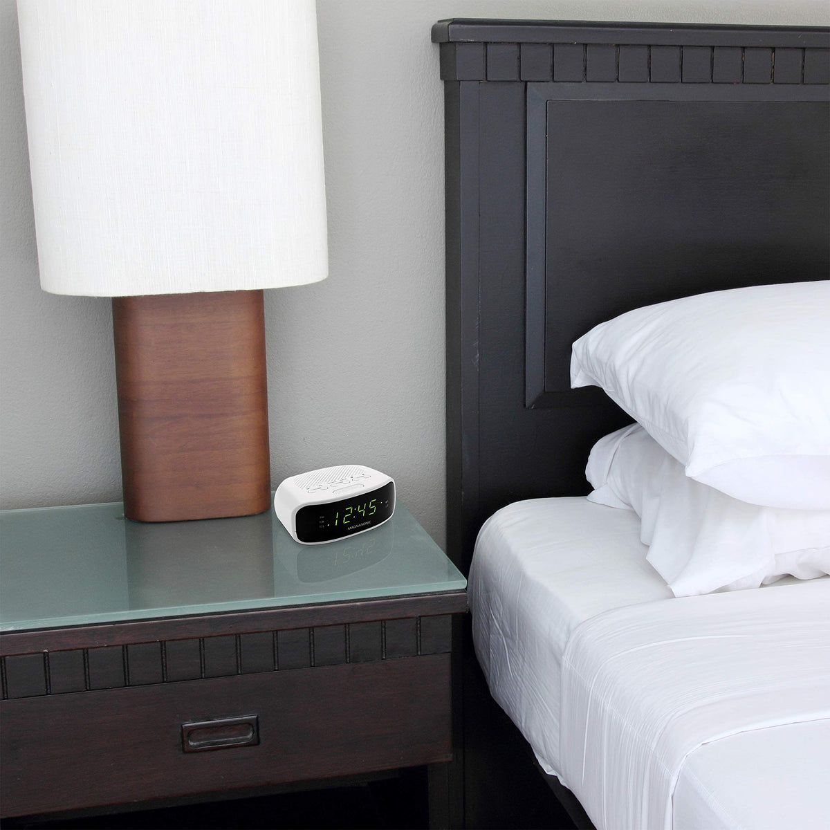 Magnasonic clock radio compact design fits neatly on a nightstand.