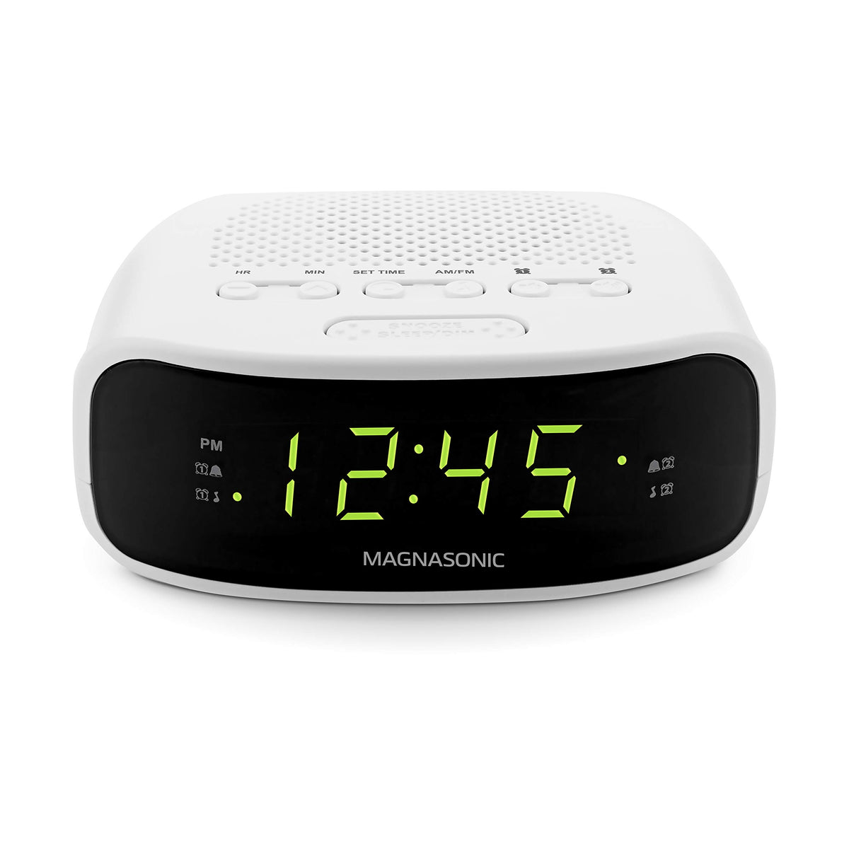 Magnasonic dual-alarm setup for partner wake-up with radio or buzzer.