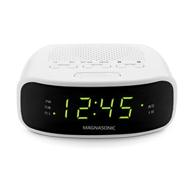 Magnasonic dual-alarm setup for partner wake-up with radio or buzzer.